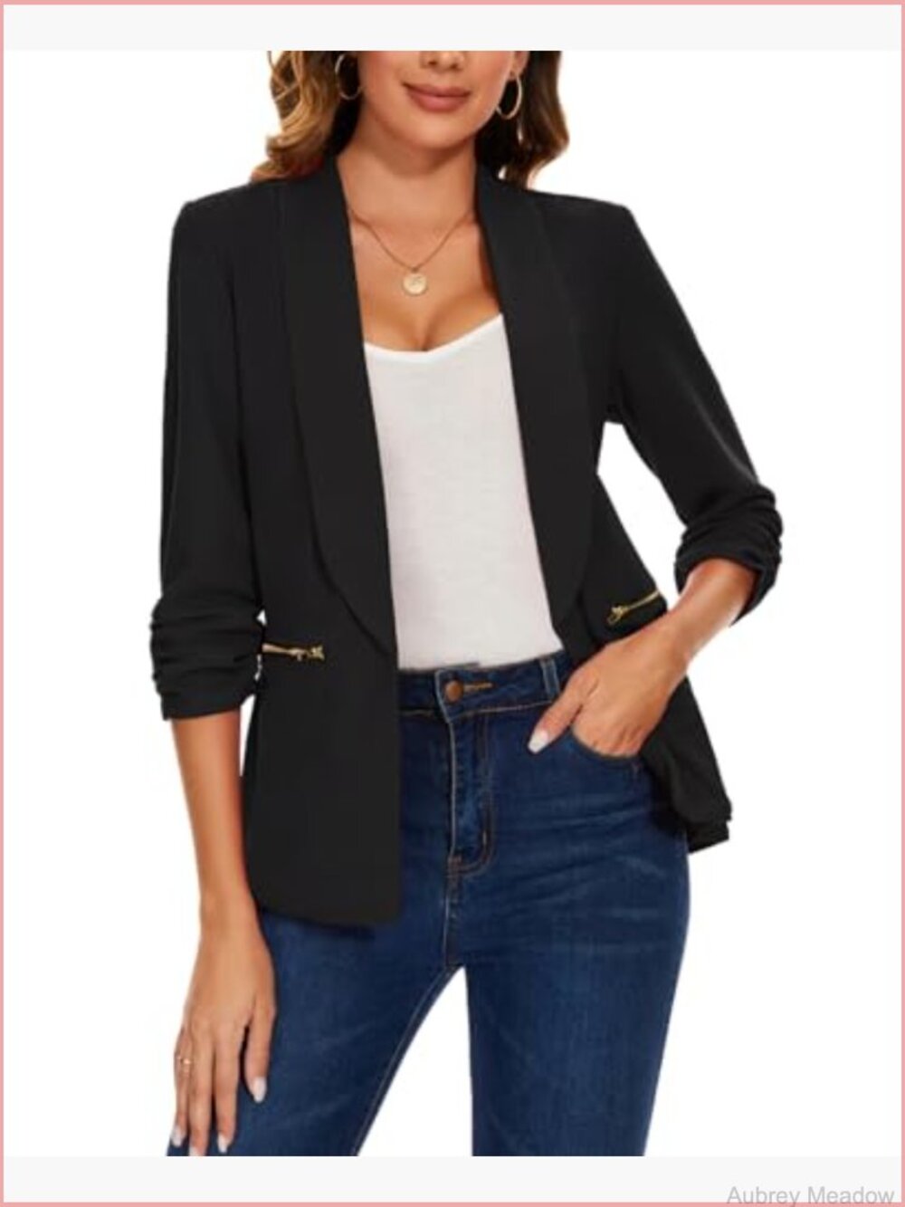 Casual Blazer 3/4 Sleeve Open Front Cardigan Work Office Suit Jacket Zipper - Picture 3 of 6